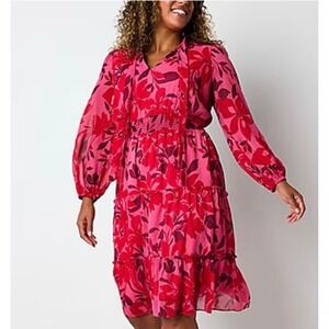 Liz Claiborne NEW Floral Dress-sz 6-long sleeve, lightweight, tie neck, smocked‎